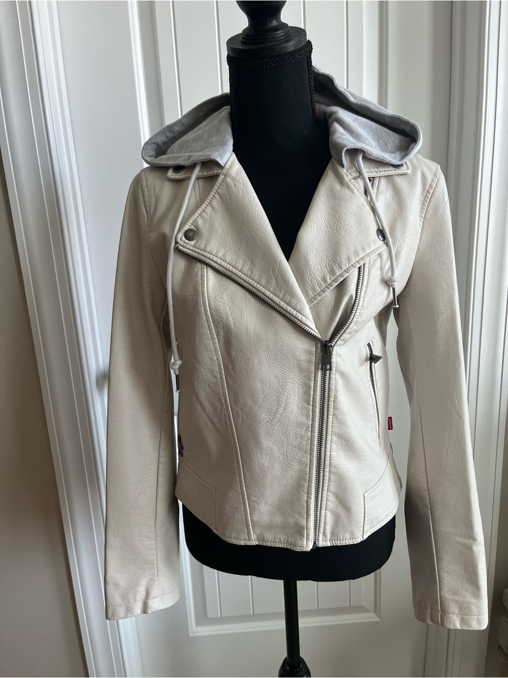 Levi's Cream Faux-Leather Moto Jacket with Gray Hood
